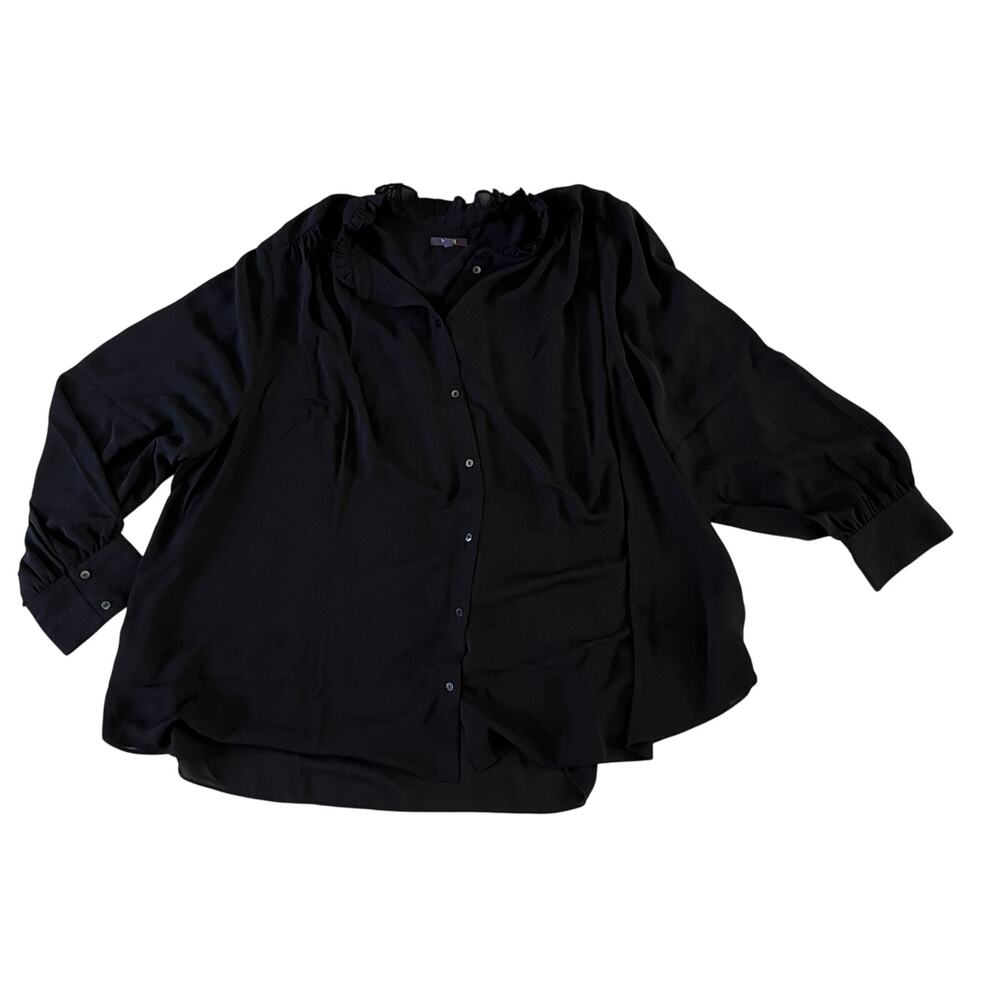 NYDJ Plus Size Black Button Down Ruffle Long Sleeve Blouse Wmns 4X Work Office